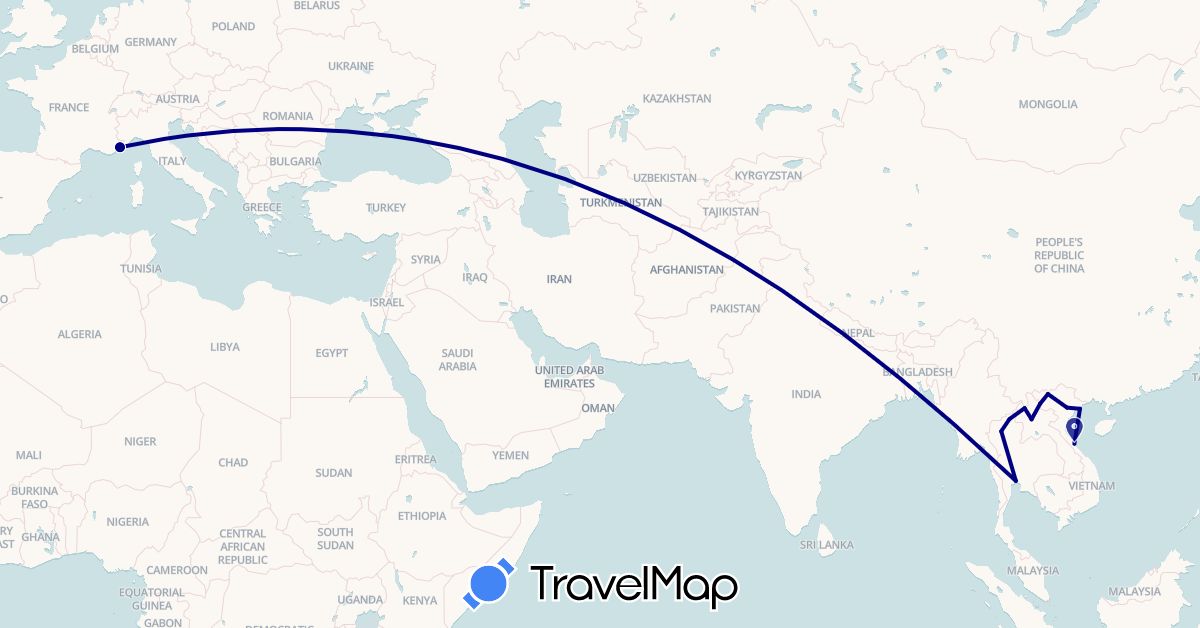 TravelMap itinerary: driving in France, Laos, Thailand, Vietnam (Asia, Europe)